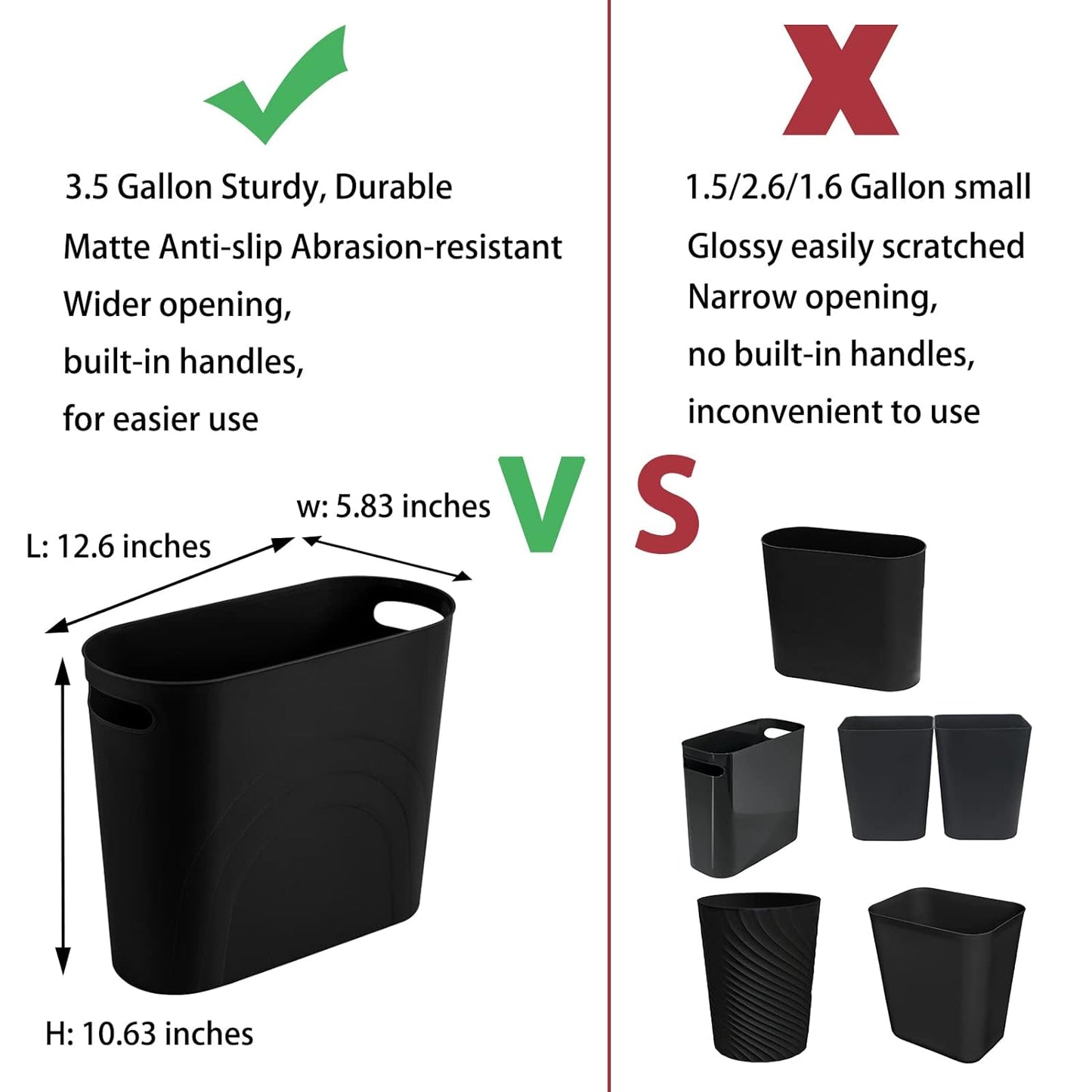 Small Trash Can, 3.5 Gallon Slim Garbage Can Plastic Waste Basket with Handles Container Bin for Narrow Spaces Bathroom, Bedroom, Kitchen, Office at Home, Black