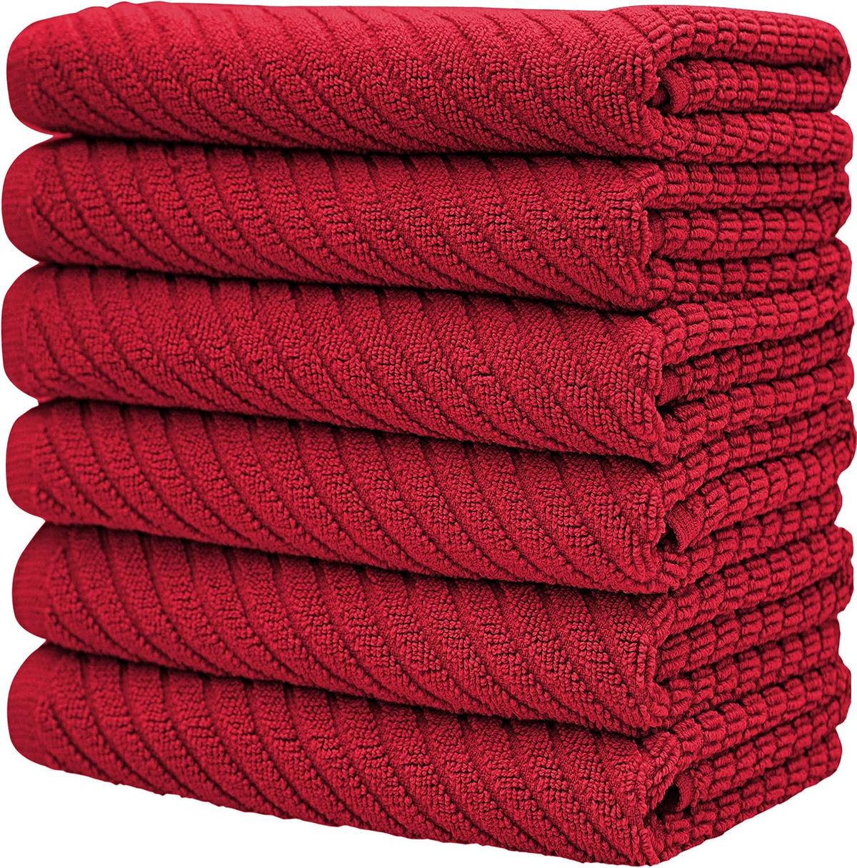 Premium Kitchen Towels (16”X 25”, 6 Pack) | Large Cotton Kitchen Hand Towels | Dish Towels | Diagonal Weave Design | 445 GSM Highly Absorbent Tea Towels Set with Hanging Loop | Red