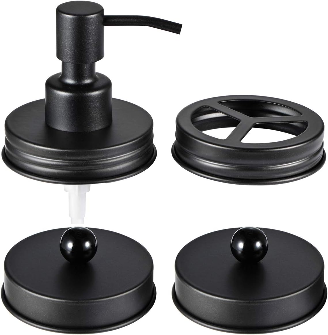 Mason Jar Bathroom Accessories Lids Set(4Pcs) - Jars Not Included - Soap Dispenser,Toothbrush Holder, Apothecary Jars Lids for Regular Mouth Mason Jars - Rustproof Stainless Steel，Black