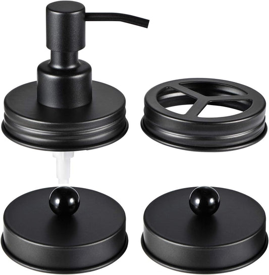 Mason Jar Bathroom Accessories Lids Set(4Pcs) - Jars Not Included - Soap Dispenser,Toothbrush Holder, Apothecary Jars Lids for Regular Mouth Mason Jars - Rustproof Stainless Steel，Black